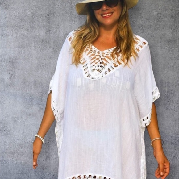 White Crochet Trimmed Boho Loose Fitting White Swim Coverup or Top OS - Picture 3 of 13
